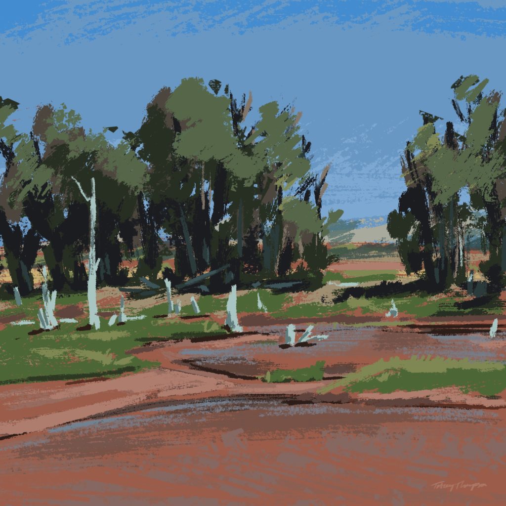 A digitally painted landscape. There's the red mud of a salt marsh in the foreground with the bleached skeletons of dead trees in the midground and dark green trees behind.